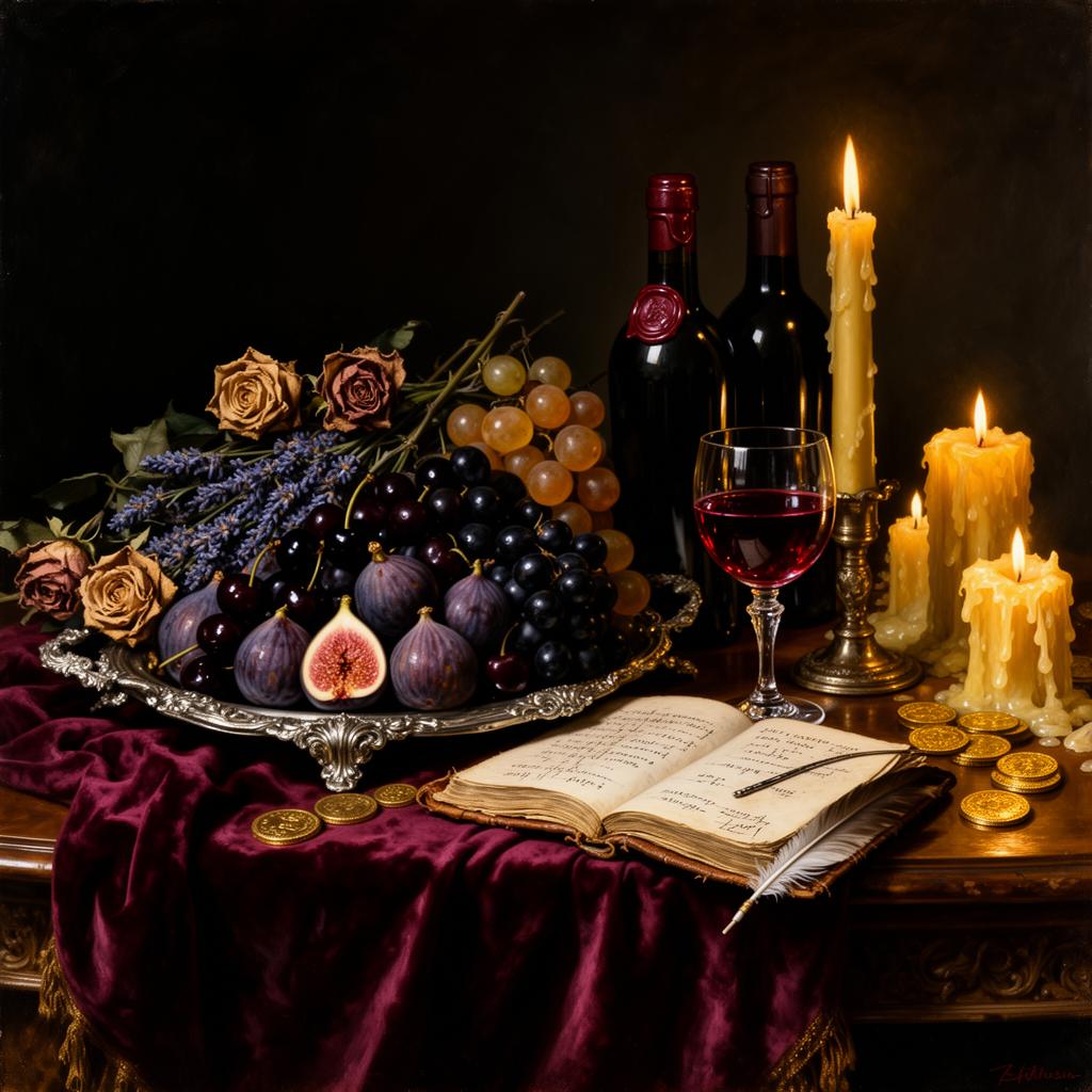 Baroque still-life altar of wine, figs, grapes and candlelight
