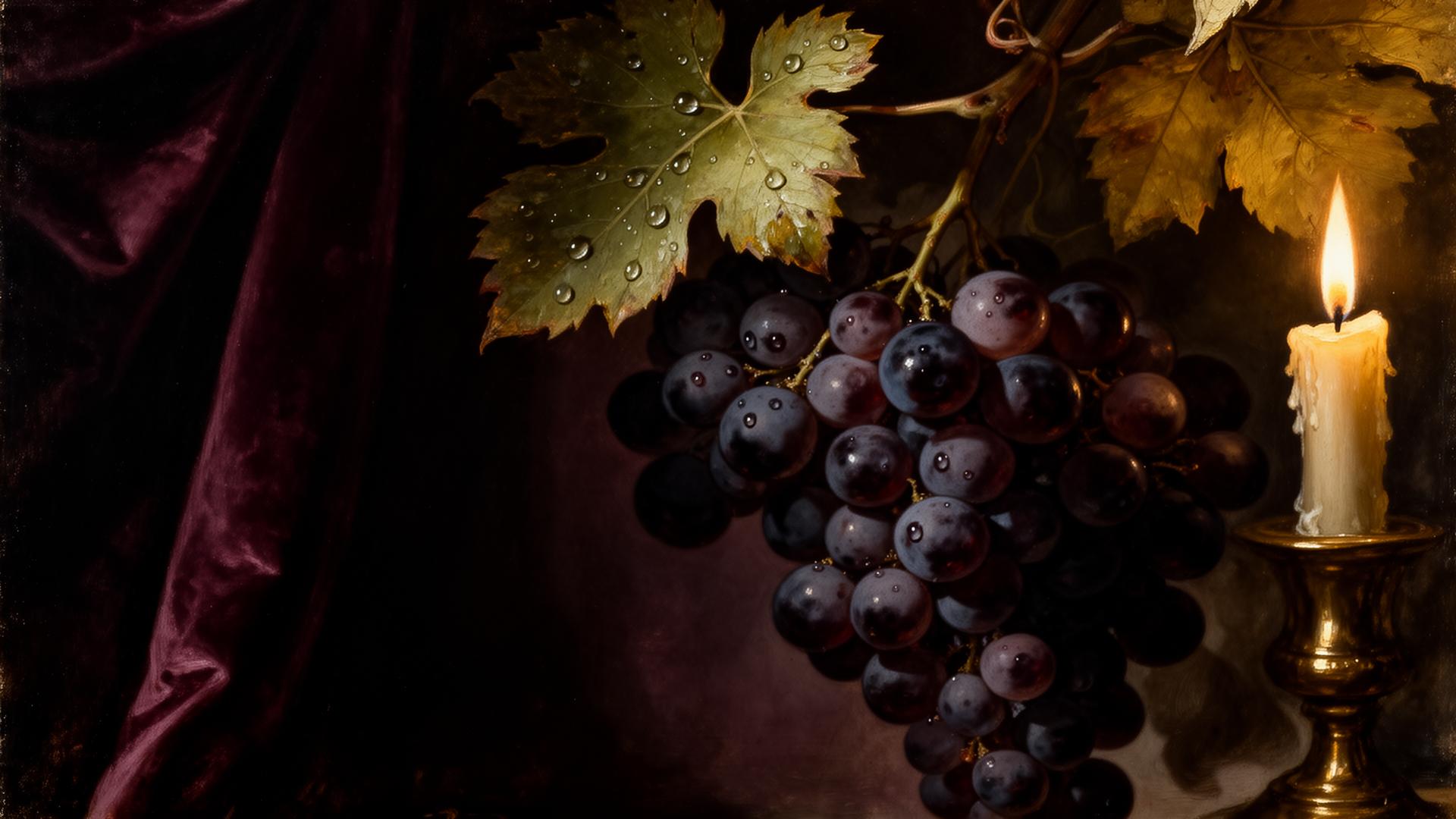 Baroque still life of grapes by candlelight